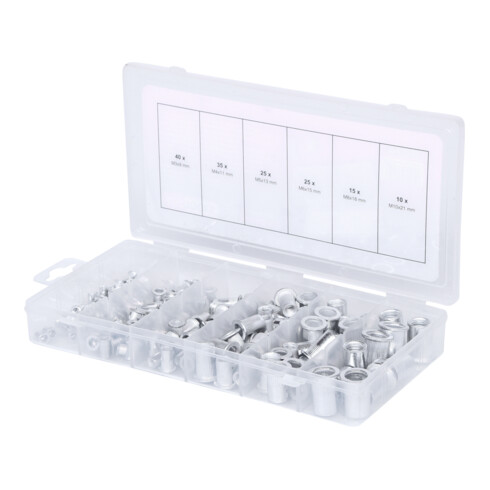 Assortiment de rivets filetes aluminium, M3x9mm-M10x21mm, 150 pcs.