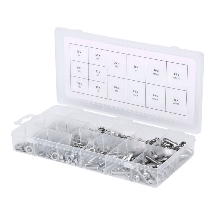 Assortiment de vis, rondelles et écrous en inox, métriques, 475 pcs.