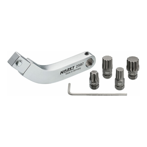 Attache mâle pour les charnières de porte Hazet, porte-embouts (bits) courbé, jeu 2597-2/5, carré femelle 9 x 12 mm, hexagone creux 8 mm (5/16 pouce), profil TORX® intérieur, profil denture multiple intérieur XZN, T45, M8, M10 ...