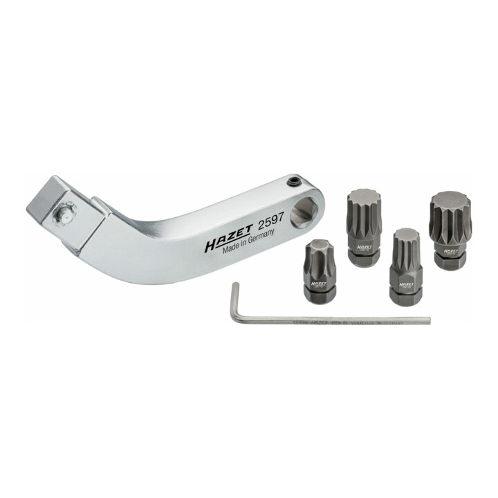Attache mâle pour les charnières de porte Hazet, porte-embouts (bits) courbé, jeu 2597-2/5, carré femelle 9 x 12 mm, hexagone creux 8 mm (5/16 pouce), profil TX intérieur, profil denture multiple intérieur XZN, T45, M8, M10 ...