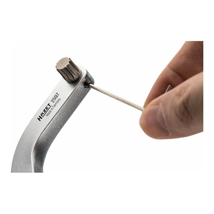 Attache mâle pour les charnières de porte Hazet, porte-embouts (bits) courbé, jeu 2597-2/5, carré femelle 9 x 12 mm, hexagone creux 8 mm (5/16 pouce), profil TX intérieur, profil denture multiple intérieur XZN, T45, M8, M10 ...