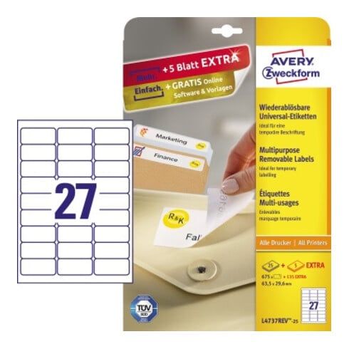 Avery Zweckform Etikett L4737REV-25 63,5x29,6mm weiß 675 St./Pack.