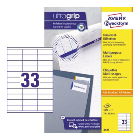 Avery Zweckform Universaletikett 3421 70x25,4mm weiß 3.300 St./Pack.