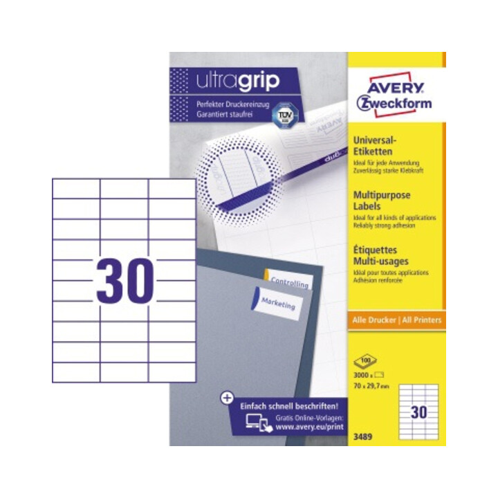 Avery Zweckform Universaletikett 3489 70x29,7mm weiß 3.000 St./Pack.