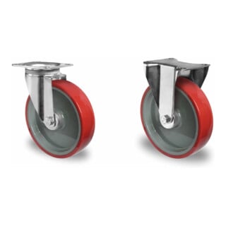Set CASCOO Lenkrolle mit Totalfeststeller ø 80 mm Serie N2U6 Rollenlager + Bockrolle ø 80 mm Serie N2U6 Rollenlager