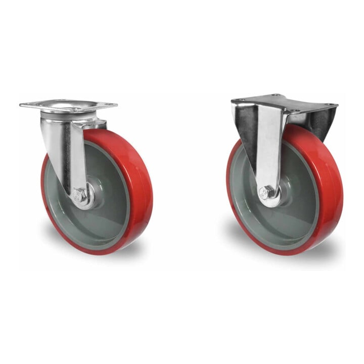 Set CASCOO Lenkrolle mit Totalfeststeller ø 80 mm Serie N2U6 Rollenlager + Bockrolle ø 80 mm Serie N2U6 Rollenlager