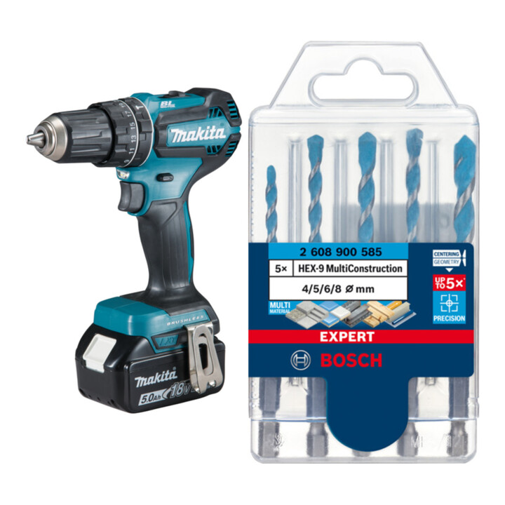 Set Makita Schlagbohrschrauber DHP485RTJ + Bosch HEX-9 MC Bohrer-Set, 5tlg 4/5/6/8 EXPERT