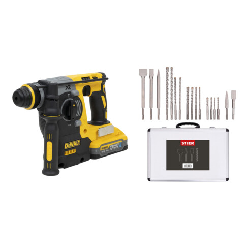 Set DeWalt Akku-Kombihammer 18V/5Ah SDS-plus + Stier SDS-Plus Bohrer & Meißelsatz, 17-teilig