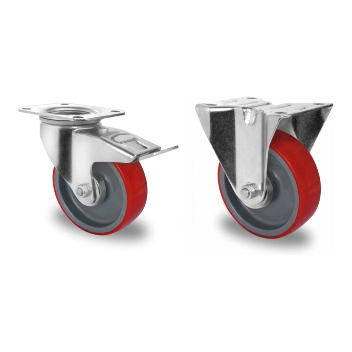 Set CASCOO Lenkrolle mit Totalfeststeller ø 125 mm Serie N2U6 Rollenlager + Bockrolle ø 125 mm Serie N2U6 Rollenlager