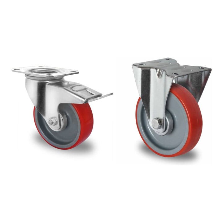 Set CASCOO Lenkrolle mit Totalfeststeller ø 160 mm Serie N2U6 Rollenlager + Bockrolle ø 160 mm Serie N2U6 Rollenlager