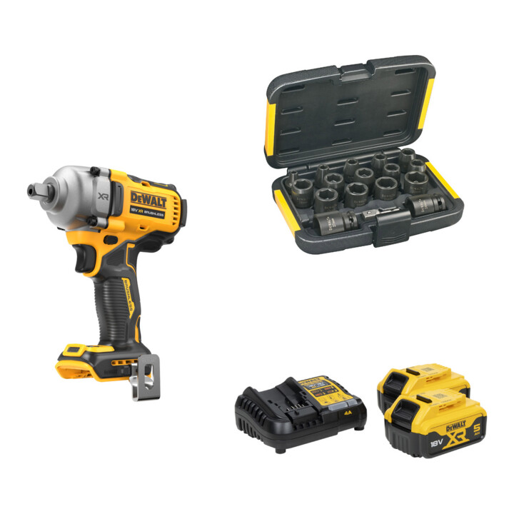 Set DEWALT Akku-Schlagschrauber 18V 1/2"+Steckschlüssel-Set 17tlg+Akku-Kit 2x5Ah