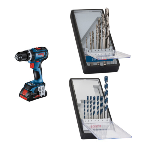 Set Bosch Akku-Schlagbohrschrauber GSB 18V-90 C + 7tlg. Robust Line Holzspiralbohrer-Set + 7tlg. Robust Line Betonbohrer-Set