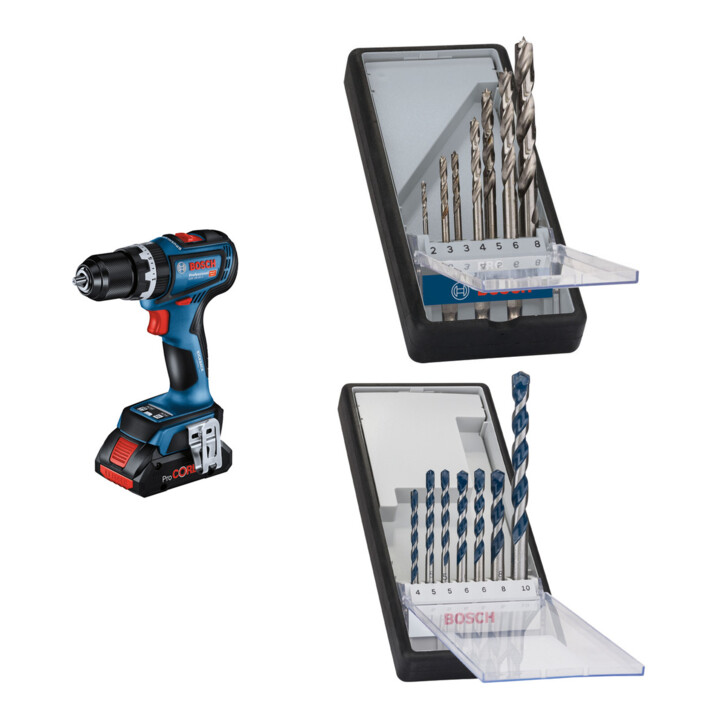 Set Bosch Akku-Schlagbohrschrauber GSB 18V-90 C + 7tlg. Robust Line Holzspiralbohrer-Set + 7tlg. Robust Line Betonbohrer-Set