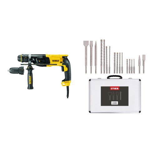 Set DeWalt SDS-plus Kombihammer 26 mm, 800 W D25134K-QS + Stier SDS-Plus Bohrer & Meißelsatz, 17-teilig