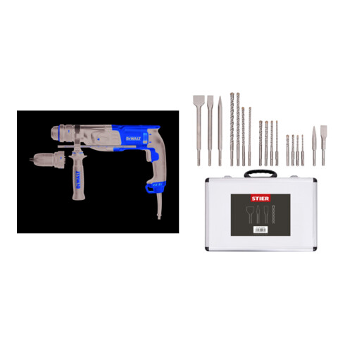 Set DeWalt SDS-plus Kombihammer 26 mm, 800 W D25134K-QS + Stier SDS-Plus Bohrer & Meißelsatz, 17-teilig