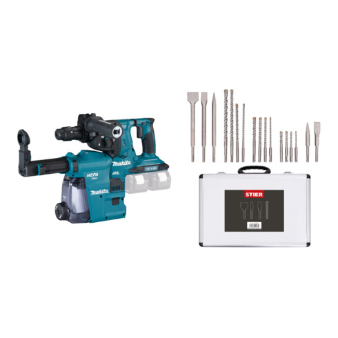 Set Makita Akku-Bohrhammer für SDS-PLUS 2x18 V mit Bluetooth & Staubabsaugung DX09 + Stier SDS-Plus Bohrer & Meißelsatz, 17-teilig