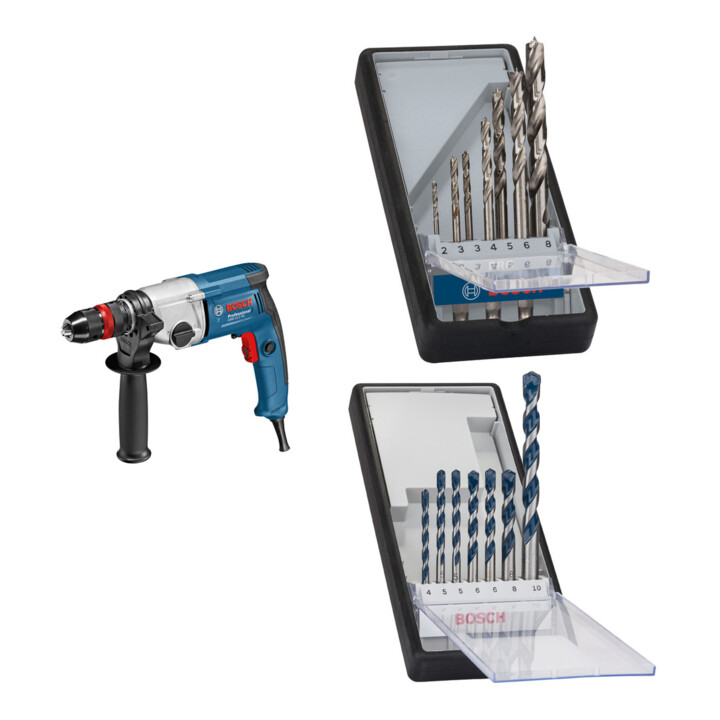 Set Bosch Bohrmaschine GBM 13-2 RE + 7tlg. Robust Line Holzspiralbohrer-Set + 7tlg. Robust Line Betonbohrer-Set