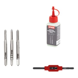 Set Stier Jeu de tarauds à main 3 pièces DIN 352 HSS-G M 3 + STIER Tourne-à-gauche DIN 1814 n° 0 + STIER Pâte à tarauder 100 ml base eau/savon