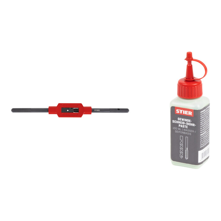 Set Stier STIER Handgewindebohrer Satz 3-tlg. DIN 352 HSS-G M 12 + STIER Windeisen DIN 1814 Nr. 2 + STIER Gewindeschneidpaste Bohrpaste 100 ml Wasser-/ Seifenbasis