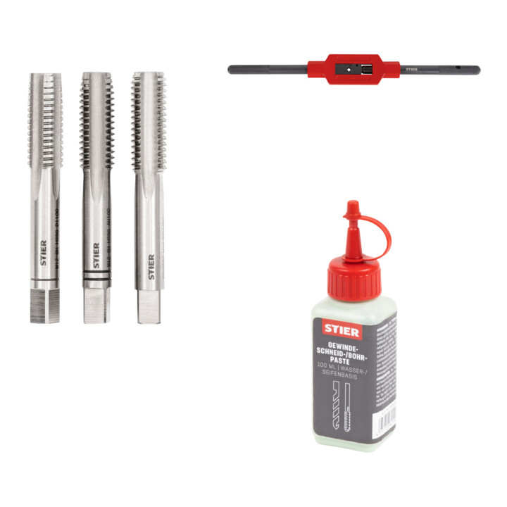 Set Stier STIER Handgewindebohrer Satz 3-tlg. DIN 352 HSS-G M 12 + STIER Windeisen DIN 1814 Nr. 2 + STIER Gewindeschneidpaste Bohrpaste 100 ml Wasser-/ Seifenbasis