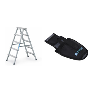 Set Stufenstehleiter 2x5 Stufen Alu.elox.Gesamt-H.1170mm + Werkzeugtasche für Akkuschrauber
