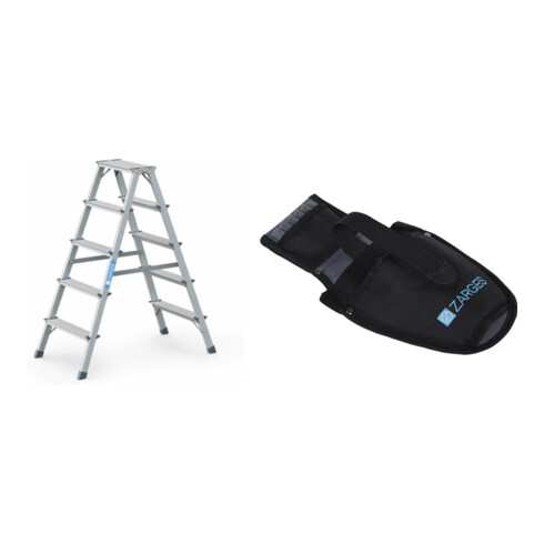 Set Stufenstehleiter 2x5 Stufen Alu.elox.Gesamt-H.1170mm + Werkzeugtasche für Akkuschrauber