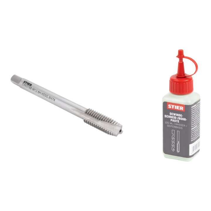 Set Stier STIER Maschinengewindebohrer M12 DIN 371 Form B 6H HSS-G + STIER Gewindeschneidpaste Bohrpaste 100 ml Wasser-/ Seifenbasis