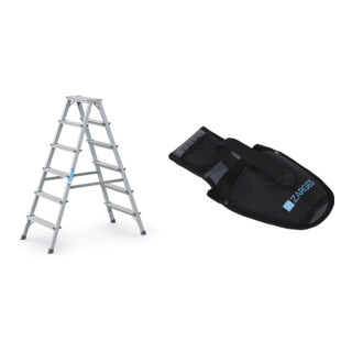 Set Stufenstehleiter 2x6 Stufen Alu.elox.Gesamt-H.1400mm + Werkzeugtasche für Akkuschrauber