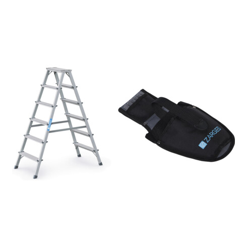 Set Stufenstehleiter 2x6 Stufen Alu.elox.Gesamt-H.1400mm + Werkzeugtasche für Akkuschrauber