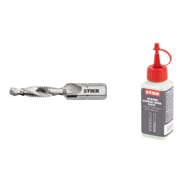 Set Stier STIER Kombigewindebohrer Bit M5 DIN 3126 HSS-G 1/4"-Sechskant + STIER Gewindeschneidpaste Bohrpaste 100 ml Wasser-/ Seifenbasis