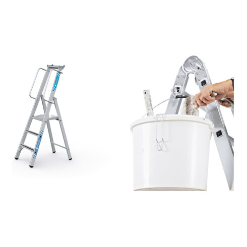 Set Stehleiter mit Sicherheitsplattform, Leiterlänge 1750 mm + Eimerhaken verz. f.Sprossenleitern