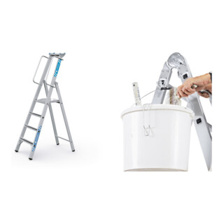 Set Stehleiter mit Sicherheitsplattform, Leiterlänge 2040 mm + Eimerhaken verz. f.Sprossenleitern