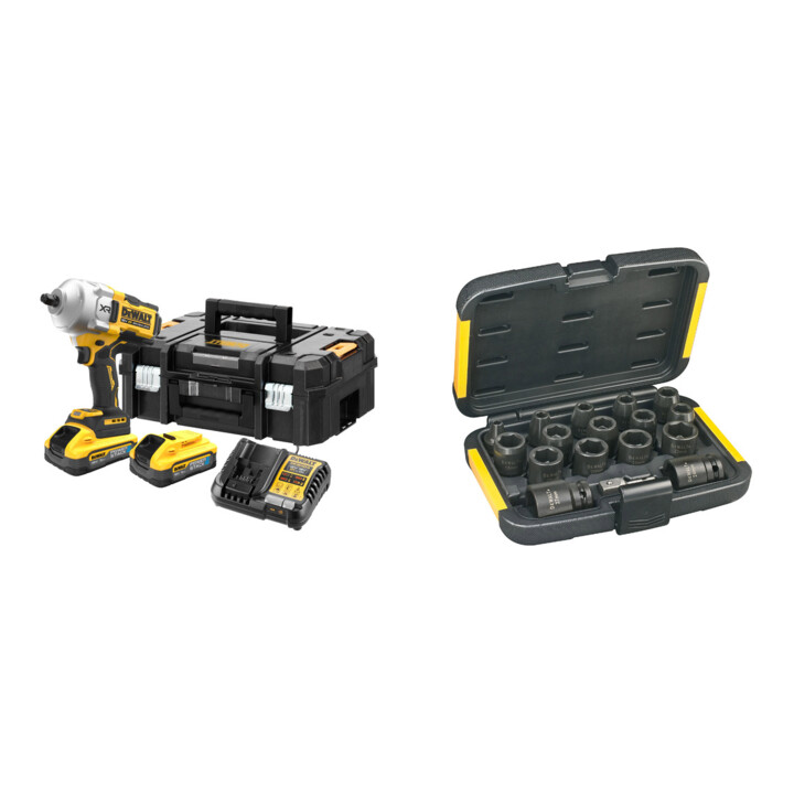 Set DeWalt Akku-Schlagschrauber, 18 Volt \/ 5 Ah + Steckschluessel-Set 17-tlg.