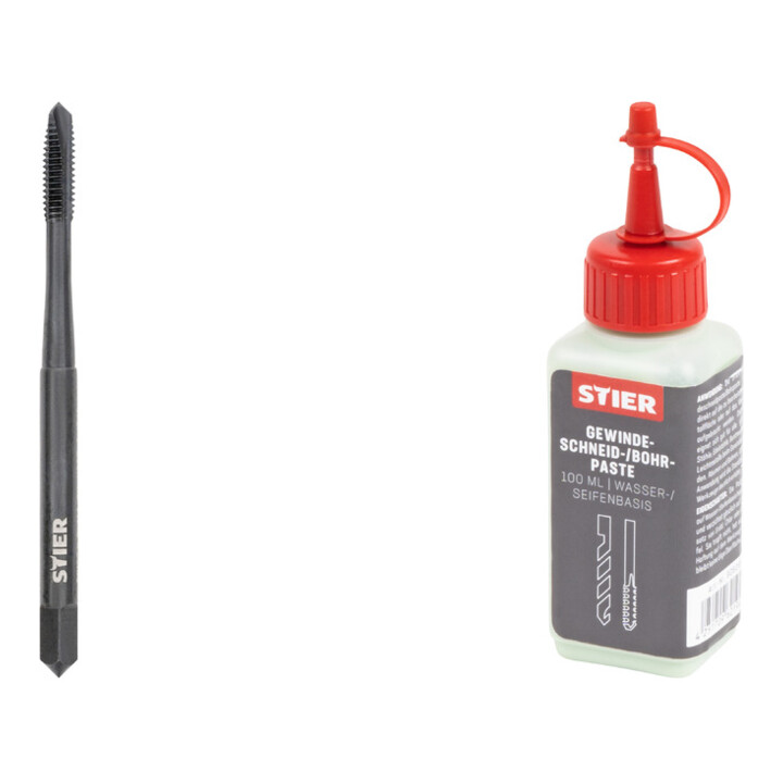 Set Stier STIER Maschinengewindebohrer M4 Vaporisiert DIN 371 Form B HSSE + STIER Gewindeschneidpaste Bohrpaste 100 ml Wasser-/ Seifenbasis