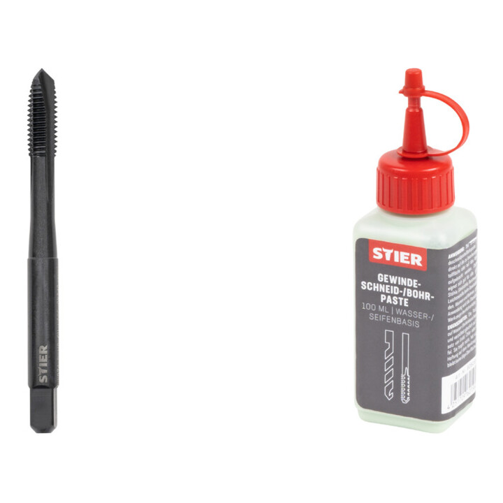 Set Stier STIER Maschinengewindebohrer M8 Vaporisiert DIN 371 Form B HSSE + STIER Gewindeschneidpaste Bohrpaste 100 ml Wasser-/ Seifenbasis