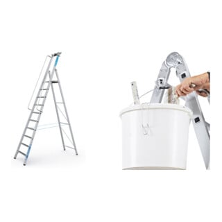 Set Stehleiter mit Sicherheitsplattform Leiterlänge 3720 mm + Eimerhaken verz. f.Sprossenleitern