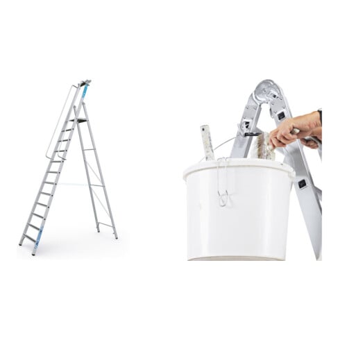 Set ZARGES Meistertritt S - LM-Stehleiter m Plattform 12 Stufen + Eimerhaken verz. f.Sprossenleitern
