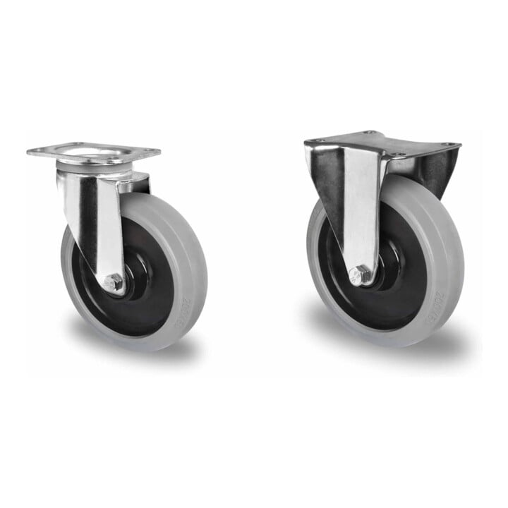 Set CASCOO Lenkrolle mit Totalfeststeller ø 80 mm Serie R4E2 Kugellager + Bockrolle ø 80 mm Serie R4E2 Kugellager