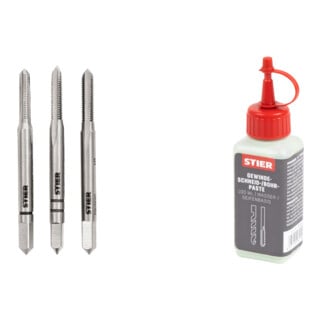 Set Stier STIER Handgewindebohrer Satz 3-tlg. DIN 352 HSS-G M 3 + STIER Gewindeschneidpaste Bohrpaste 100 ml Wasser-/ Seifenbasis