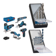 Set Bosch 5er Werkzeug-Set 12V: GSR + GST + GOP + GKS + GSA + 3x GBA 3,0Ah + GAL + XL-BOXX + 7tlg. Robust Line Holzspiralbohrer-Set + 7tlg. Robust Line Betonbohrer-Set