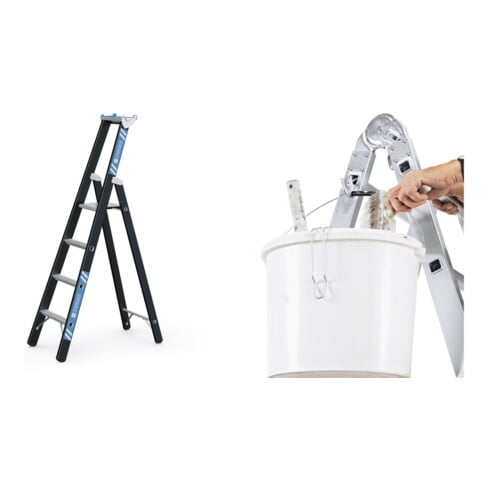 Set Schwerlaststehleiter Z600m. 1x4 Sprossen, AH 3,10m + Eimerhaken verz. f.Sprossenleitern