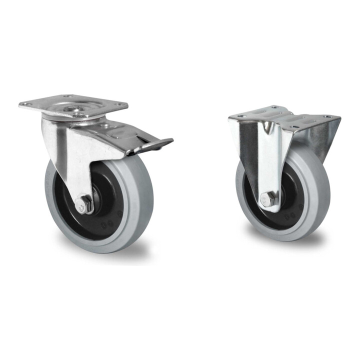 Set CASCOO Lenkrolle mit Totalfeststeller ø 125 mm Serie R4E2 Kugellager + Bockrolle ø 125 mm Serie R4E2 Kugellager