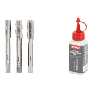 Set Stier STIER Handgewindebohrer Satz 3-tlg. DIN 352 HSS-G M 10 + STIER Gewindeschneidpaste Bohrpaste 100 ml Wasser-/ Seifenbasis