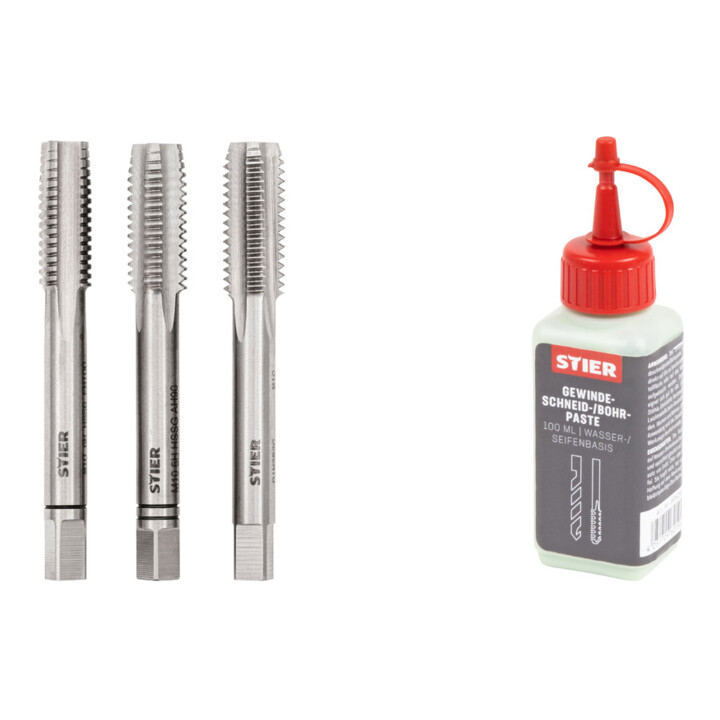 Set Stier STIER Handgewindebohrer Satz 3-tlg. DIN 352 HSS-G M 10 + STIER Gewindeschneidpaste Bohrpaste 100 ml Wasser-/ Seifenbasis