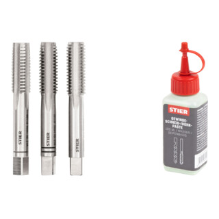 Set Stier STIER Handgewindebohrer Satz 3-tlg. DIN 352 HSS-G M 12 + STIER Gewindeschneidpaste Bohrpaste 100 ml Wasser-/ Seifenbasis