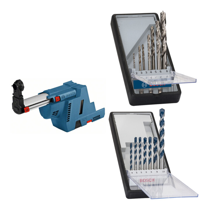 Set Bosch Absaugvorrichtung GDE 18V-16 + 7tlg. Robust Line Holzspiralbohrer-Set + 7tlg. Robust Line Betonbohrer-Set
