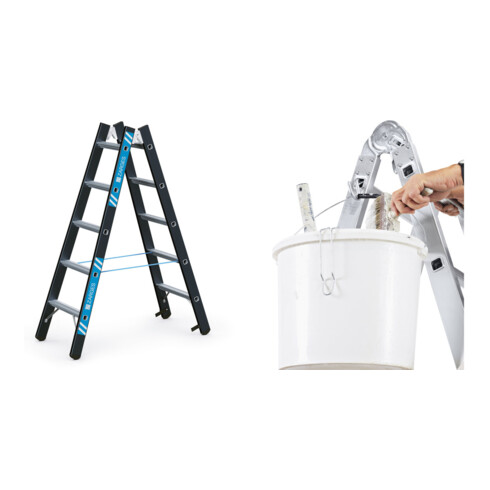 Set Schwerlaststehleiter Z600m. 2x5 Sprossen, AH 2,75m + Eimerhaken verz. f.Sprossenleitern