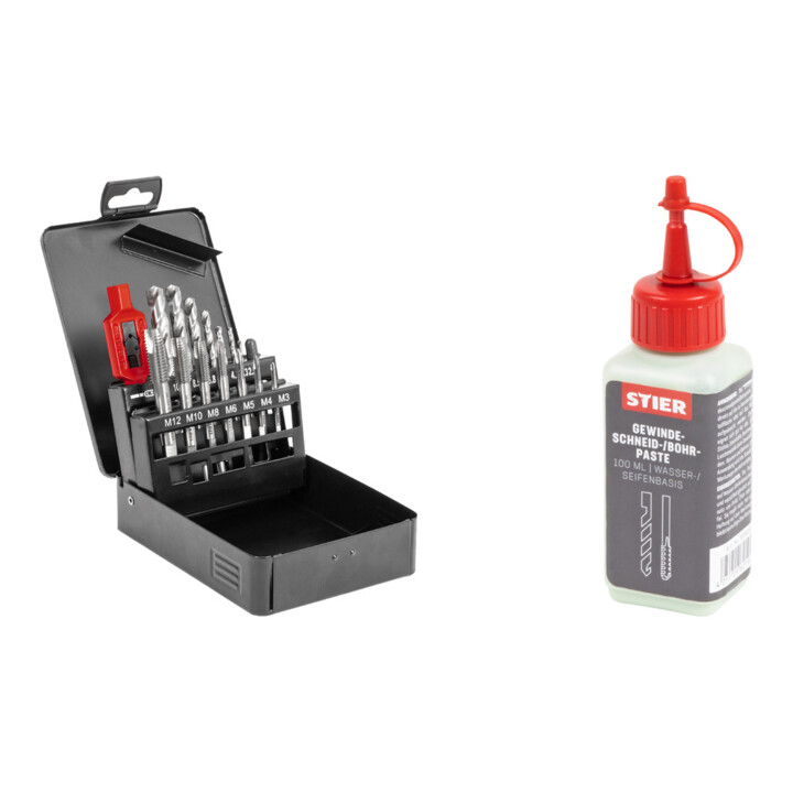 Set Stier STIER Gewindeschneidzeugsatz 15-teilig M3-M12 Form B HSS-G + STIER Gewindeschneidpaste Bohrpaste 100 ml Wasser-/ Seifenbasis