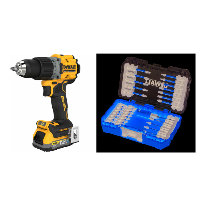 Set Dewalt Akku-Bohrschrauber 18V inkl. 2 x 18 V / 1.7 Ah Powerstack - Akkus + Bit-Set 31-tlg. schlagfest