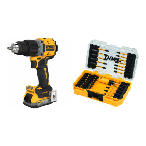 Set Dewalt Akku-Bohrschrauber 18V inkl. 2 x 18 V / 1.7 Ah Powerstack - Akkus + Bit-Set 31-tlg. schlagfest